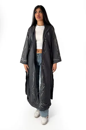Charcoal Whisper Embroidered Hooded Cardigan