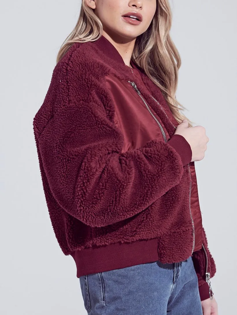 Chest Pocket Drop Shoulder Arm Pocket with Circle Ring Faux Fur Jacket