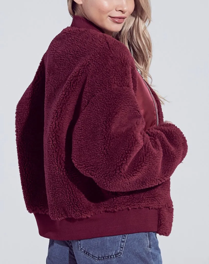 Chest Pocket Drop Shoulder Arm Pocket with Circle Ring Faux Fur Jacket
