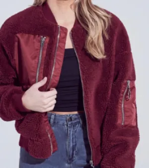 Chest Pocket Drop Shoulder Arm Pocket with Circle Ring Faux Fur Jacket