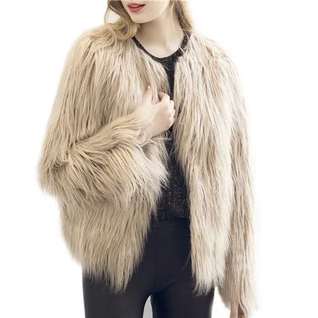 Chic soft faux fur coat women Fluffy warm long sleeve female outerwear black elegant coat jacket hairy overcoat