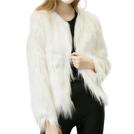 Chic soft faux fur coat women Fluffy warm long sleeve female outerwear black elegant coat jacket hairy overcoat