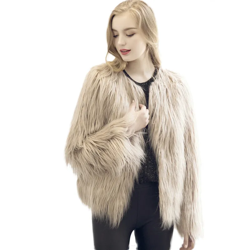 Chic soft faux fur coat women Fluffy warm long sleeve female outerwear black elegant coat jacket hairy overcoat
