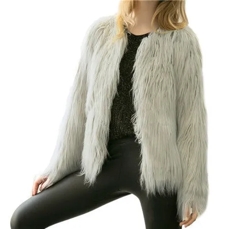 Chic soft faux fur coat women Fluffy warm long sleeve female outerwear black elegant coat jacket hairy overcoat