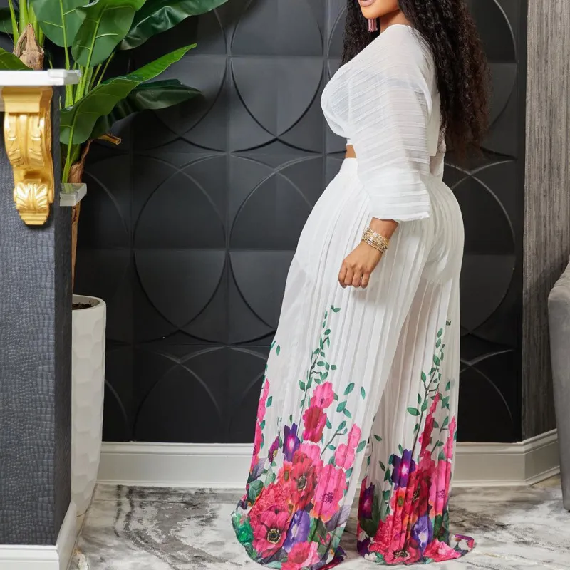 Chiffon Long Sleeve Top and Wide Leg Pants Set