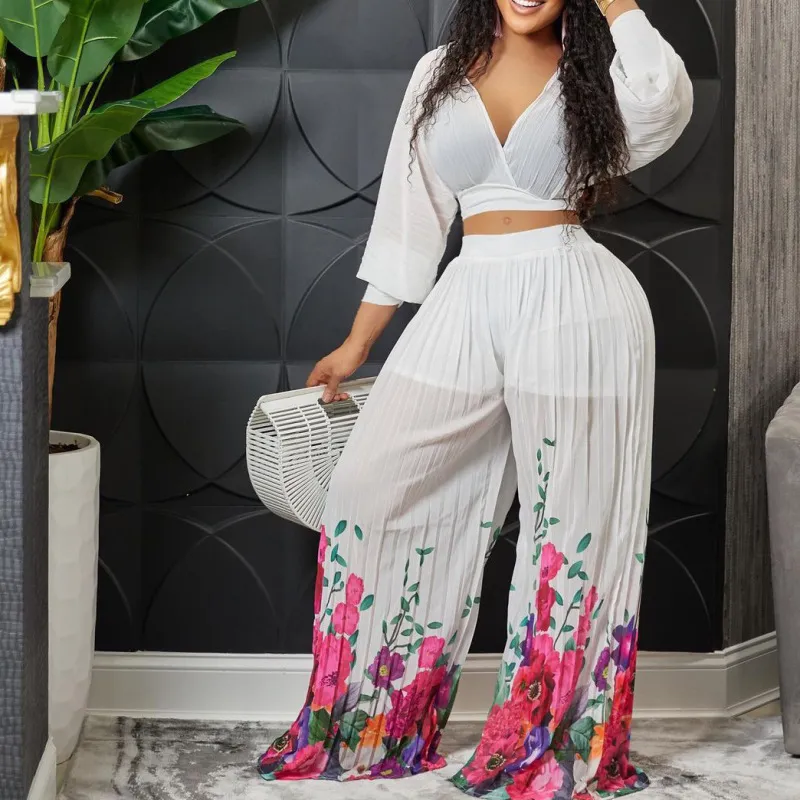 Chiffon Long Sleeve Top and Wide Leg Pants Set