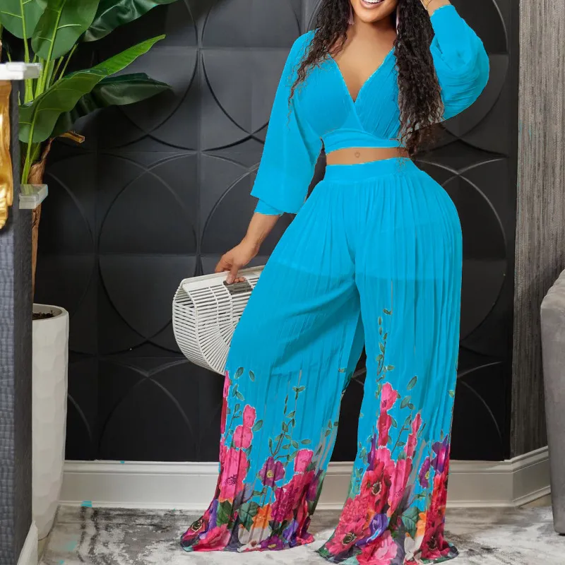 Chiffon Long Sleeve Top and Wide Leg Pants Set