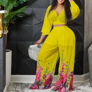 Chiffon Long Sleeve Top and Wide Leg Pants Set