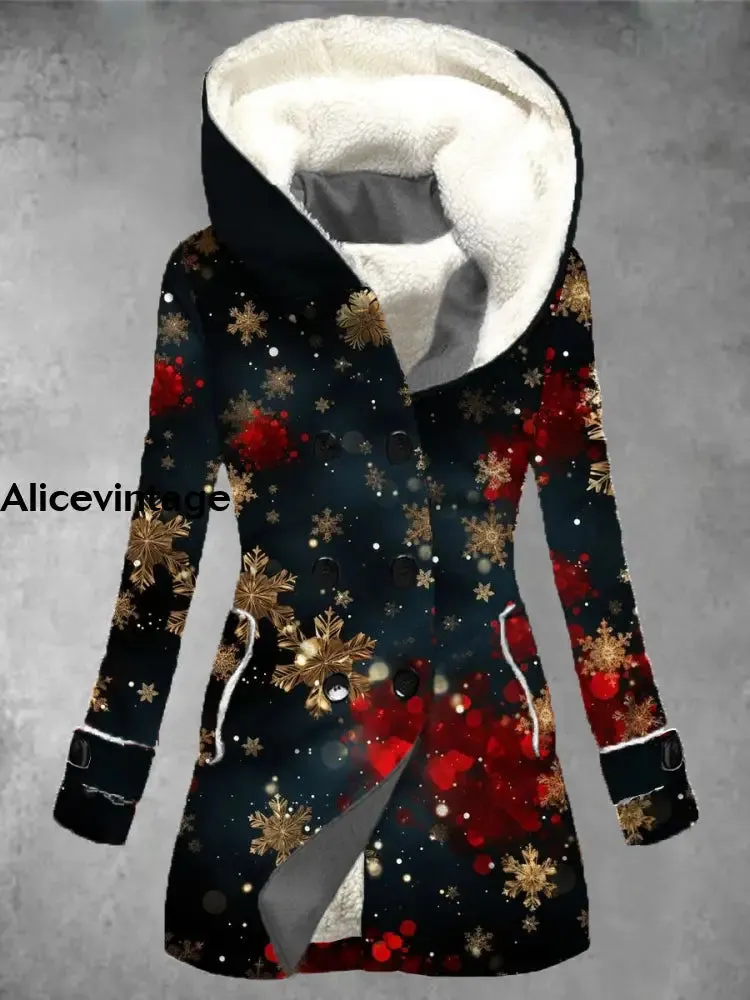 Christmas Snowflake Art Print Vintage Long Sleeve Button Jacket Coat