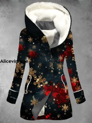 Christmas Snowflake Art Print Vintage Long Sleeve Button Jacket Coat