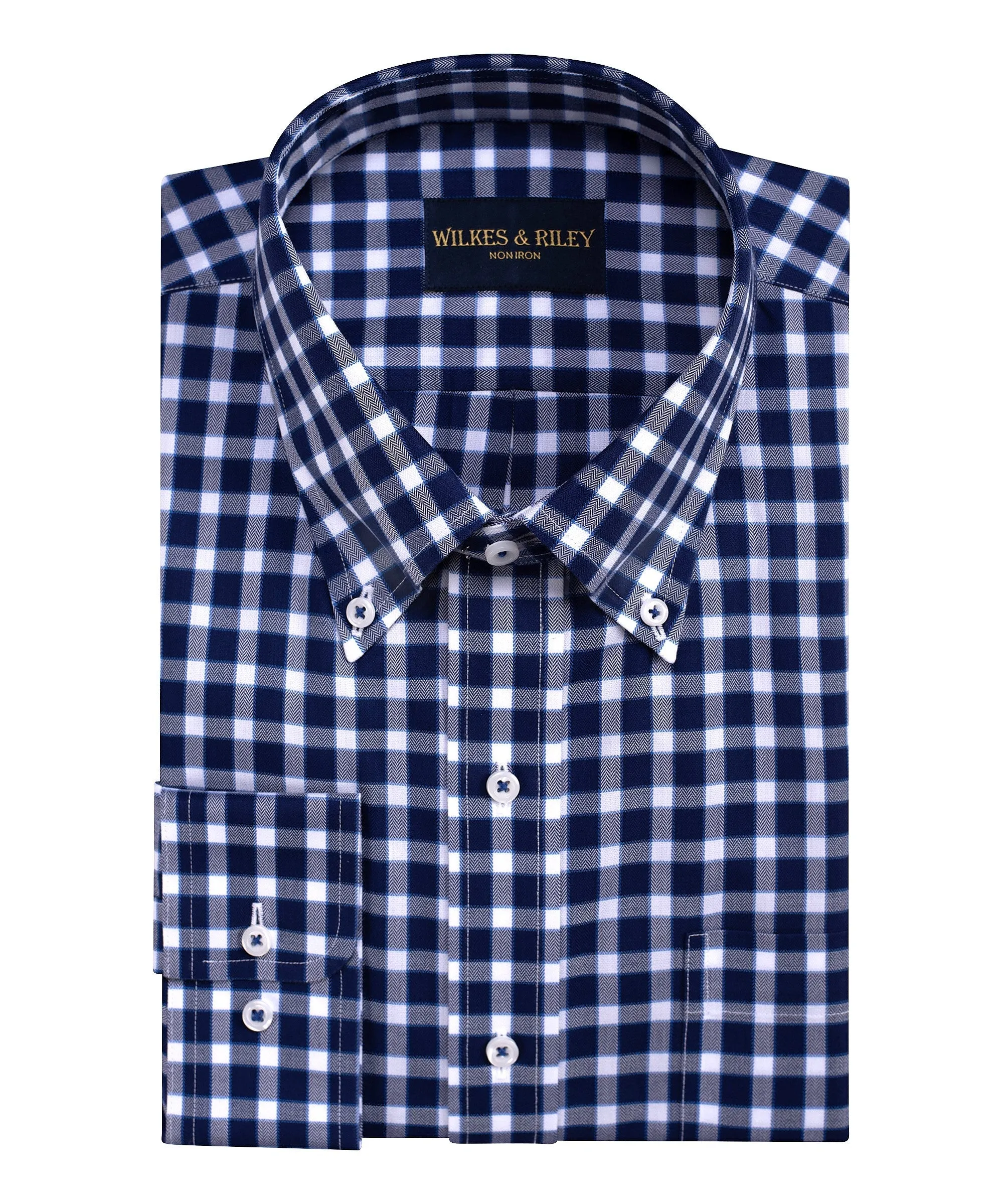 Classic Fit Navy Herringbone Check Button-Down Collar Non-Iron Sport Shirt