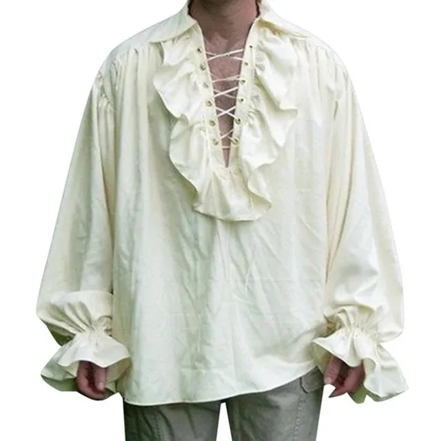 CosplayKing Herren Renaissance Piratenhemd mit Rüschen und Schnürung