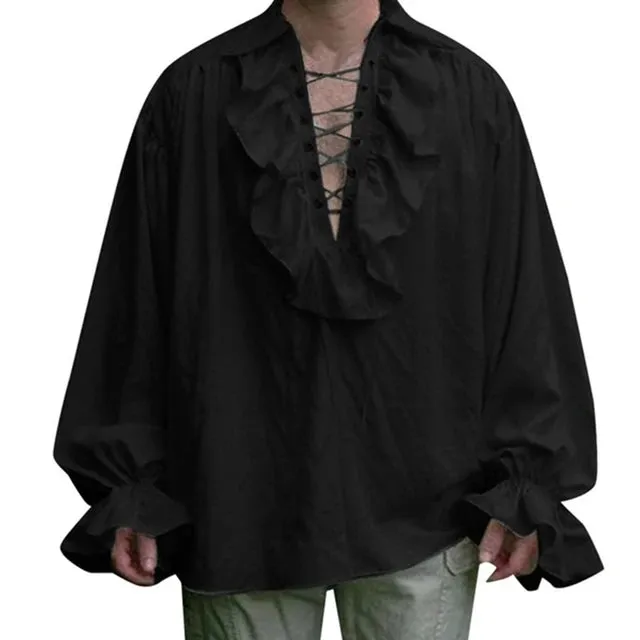 CosplayKing Herren Renaissance Piratenhemd mit Rüschen und Schnürung