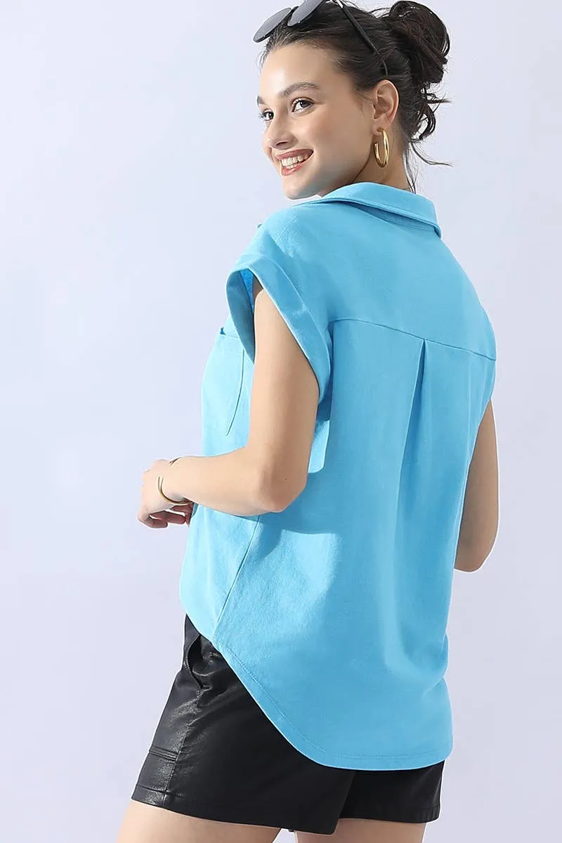 CWTTS698_JOHNNY COLLARS BUTTON CLOSER SHORT SLEEVE TOP: AQUA / (XL) 1