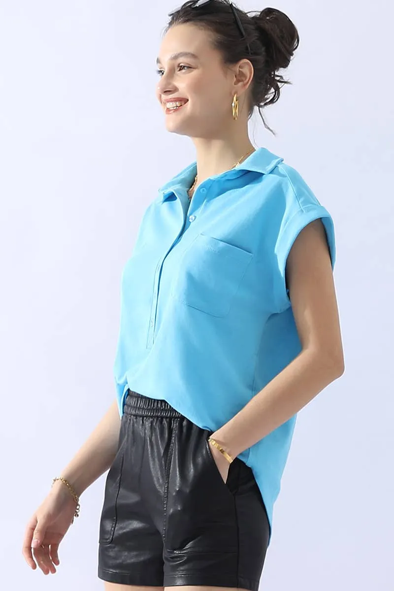 CWTTS698_JOHNNY COLLARS BUTTON CLOSER SHORT SLEEVE TOP: AQUA / (XL) 1