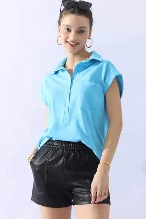 CWTTS698_JOHNNY COLLARS BUTTON CLOSER SHORT SLEEVE TOP: AQUA / (XL) 1