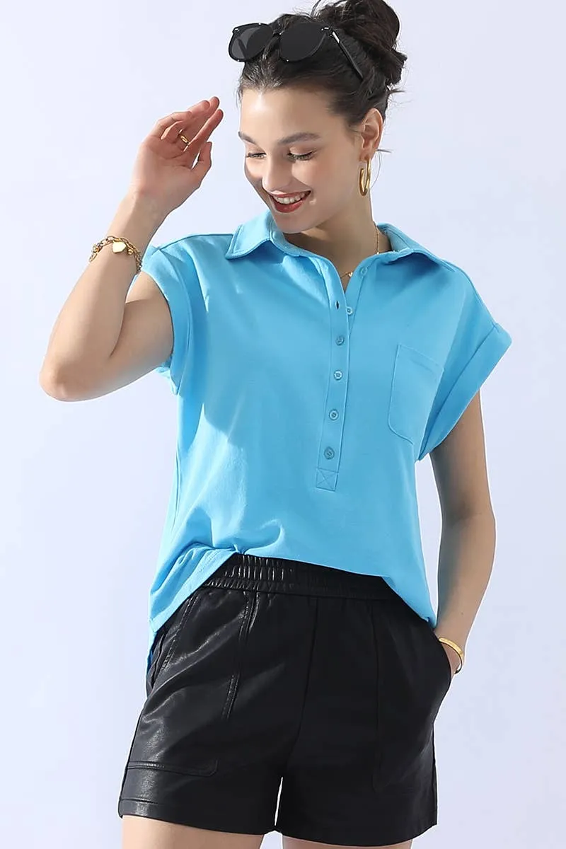 CWTTS698_JOHNNY COLLARS BUTTON CLOSER SHORT SLEEVE TOP: AQUA / (XL) 1
