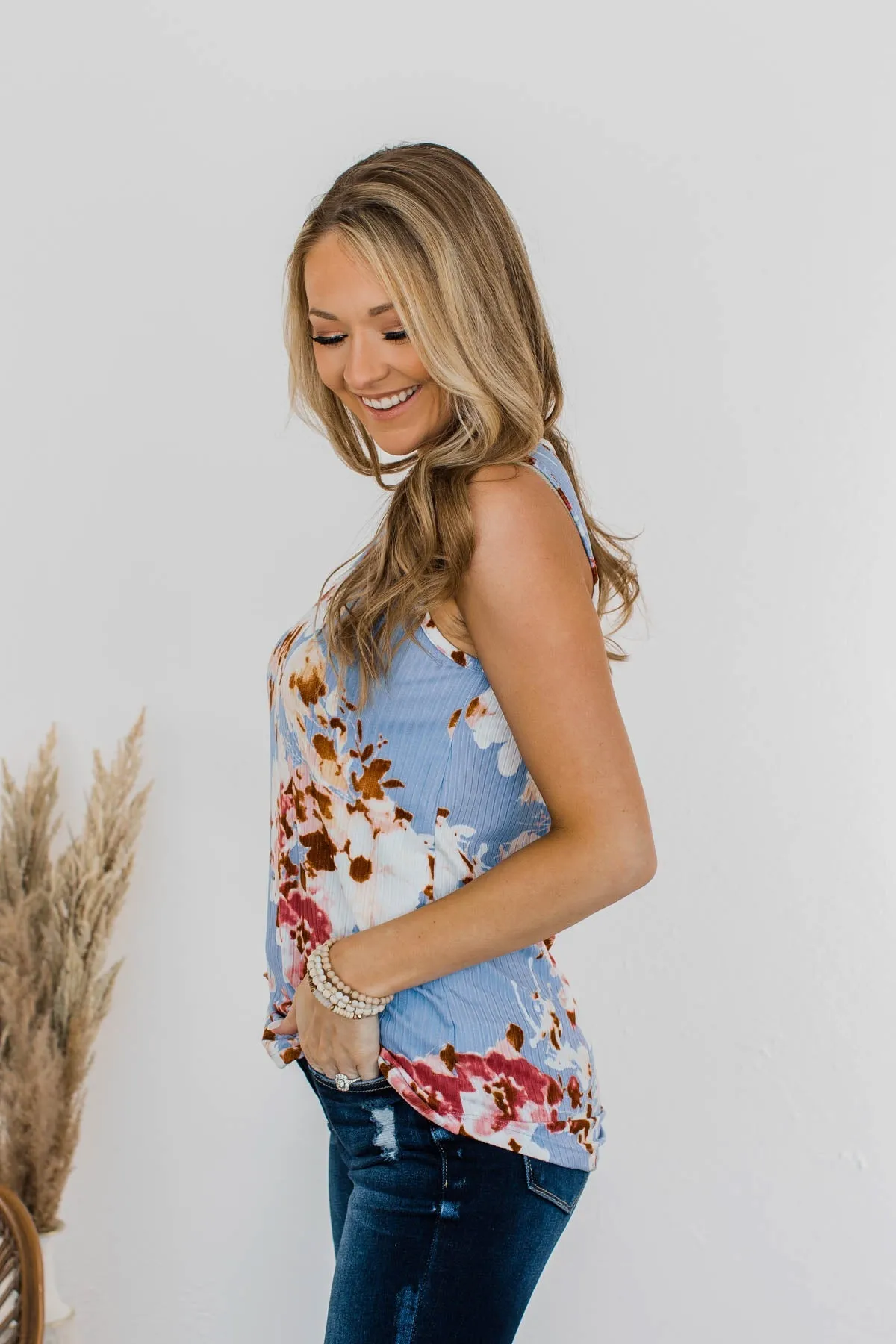 Dance On The Beach Ribbed Floral Tank- Blue
