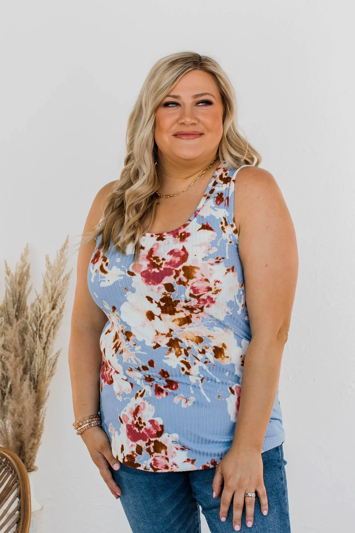 Dance On The Beach Ribbed Floral Tank- Blue