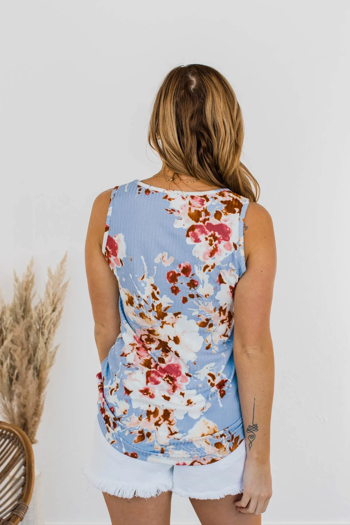 Dance On The Beach Ribbed Floral Tank- Blue