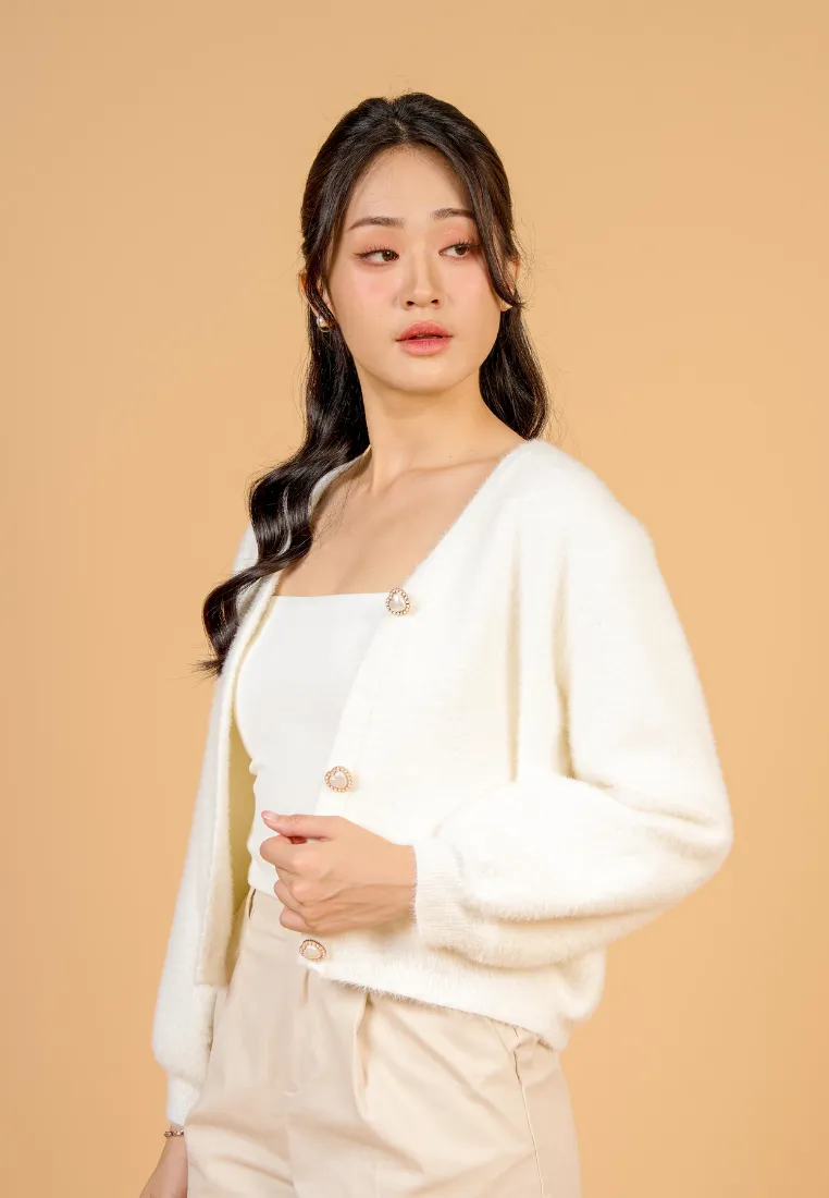 Delora Fuzzy Cardigan With Heart Pearl Buttons