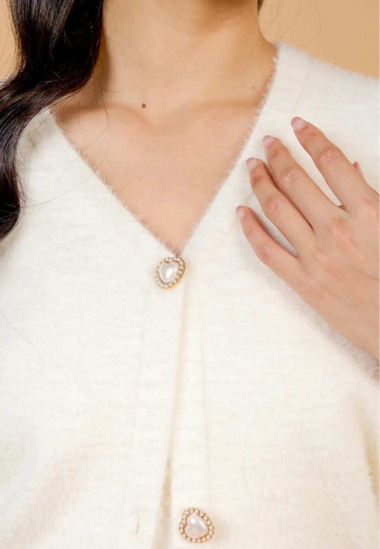 Delora Fuzzy Cardigan With Heart Pearl Buttons