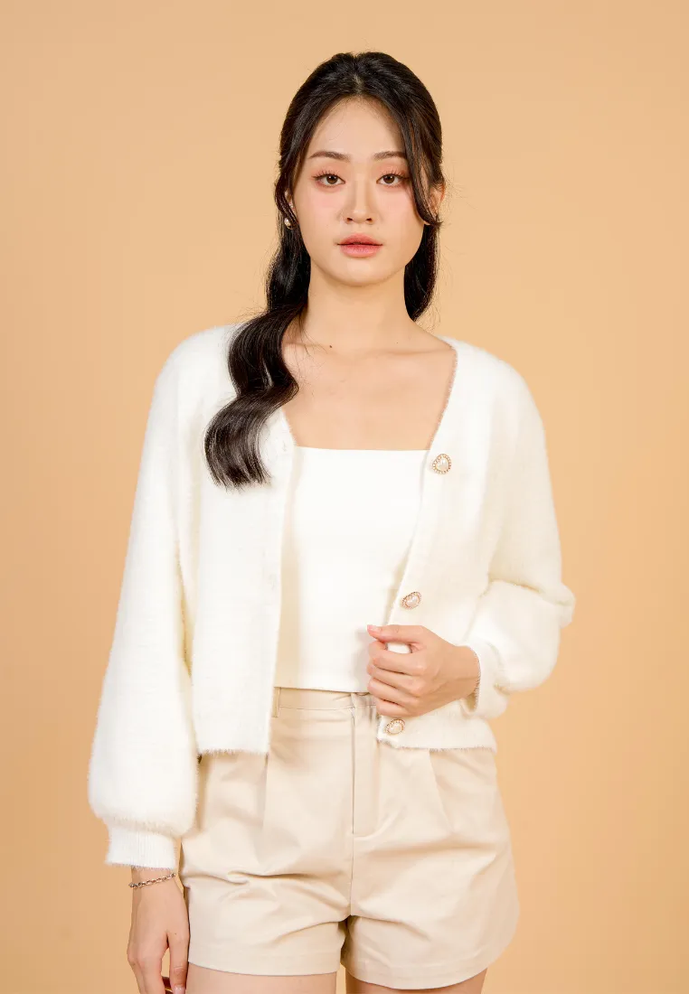 Delora Fuzzy Cardigan With Heart Pearl Buttons