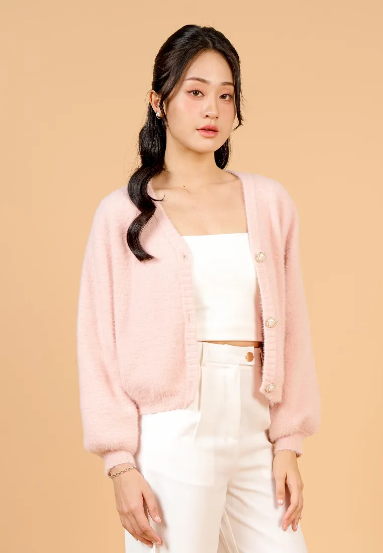 Delora Fuzzy Cardigan With Heart Pearl Buttons