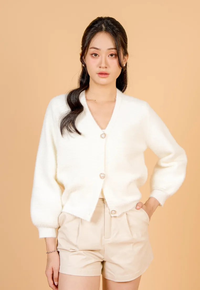 Delora Fuzzy Cardigan With Heart Pearl Buttons
