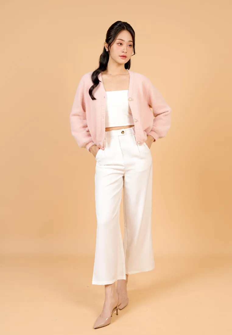 Delora Fuzzy Cardigan With Heart Pearl Buttons