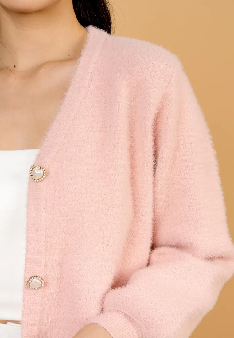 Delora Fuzzy Cardigan With Heart Pearl Buttons
