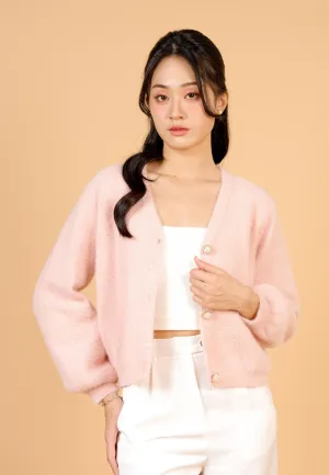 Delora Fuzzy Cardigan With Heart Pearl Buttons
