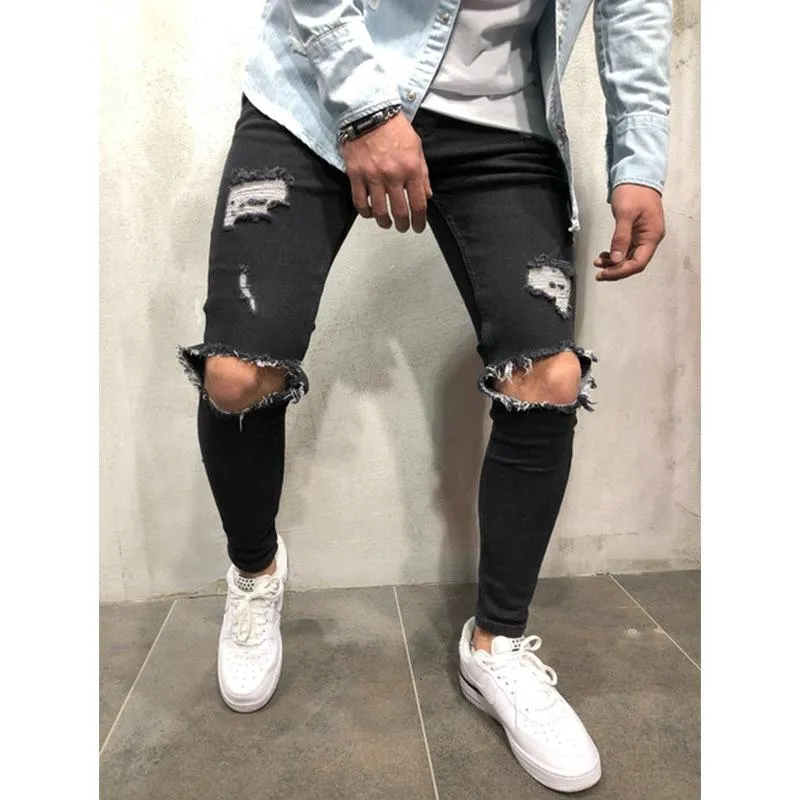 Designer Black Distressed Ripped Biker Jeans Slim Fit Stretch
