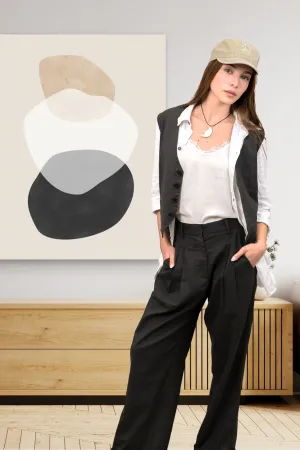 'Dixie' Straight Leg Linen Pants - Charcoal