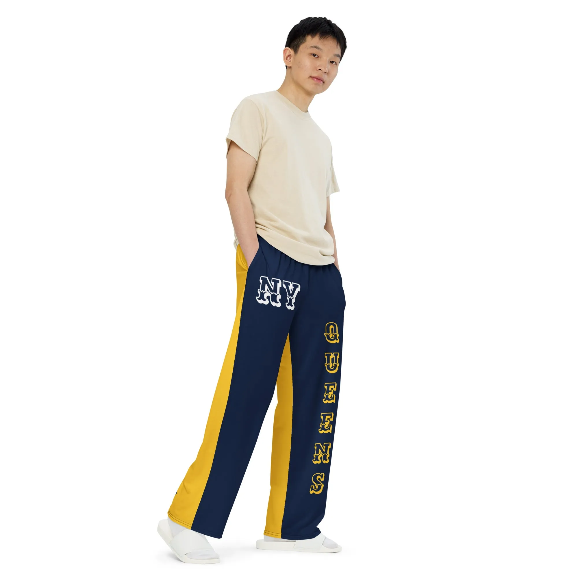 DJD NY- "It's A Queens Thang" Unisex 2 Tone Wide-Leg Pants Navy/Yellow/White
