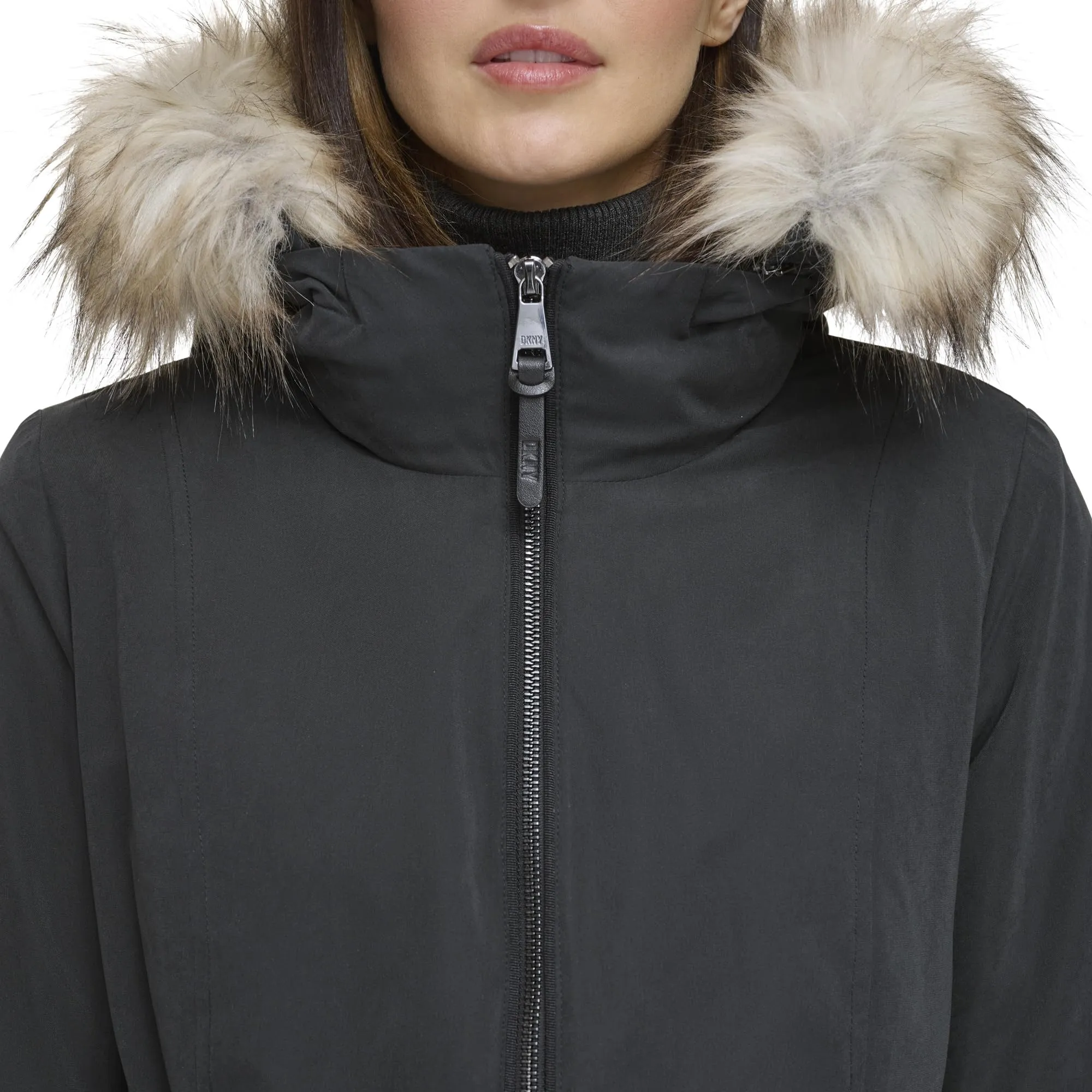 DKNY Women's Faux-Fur Trim Anorak Coat, Black