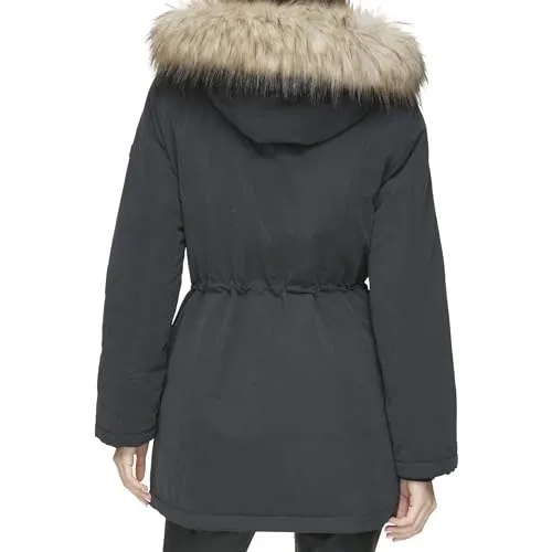 DKNY Women's Faux-Fur Trim Anorak Coat, Black