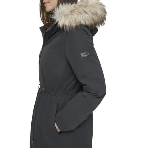 DKNY Women's Faux-Fur Trim Anorak Coat, Black