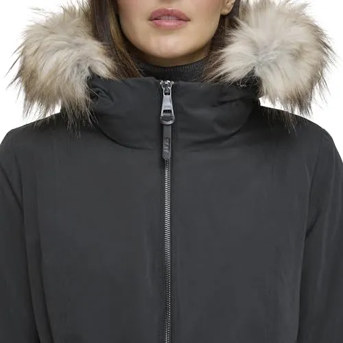 DKNY Women's Faux-Fur Trim Anorak Coat, Black