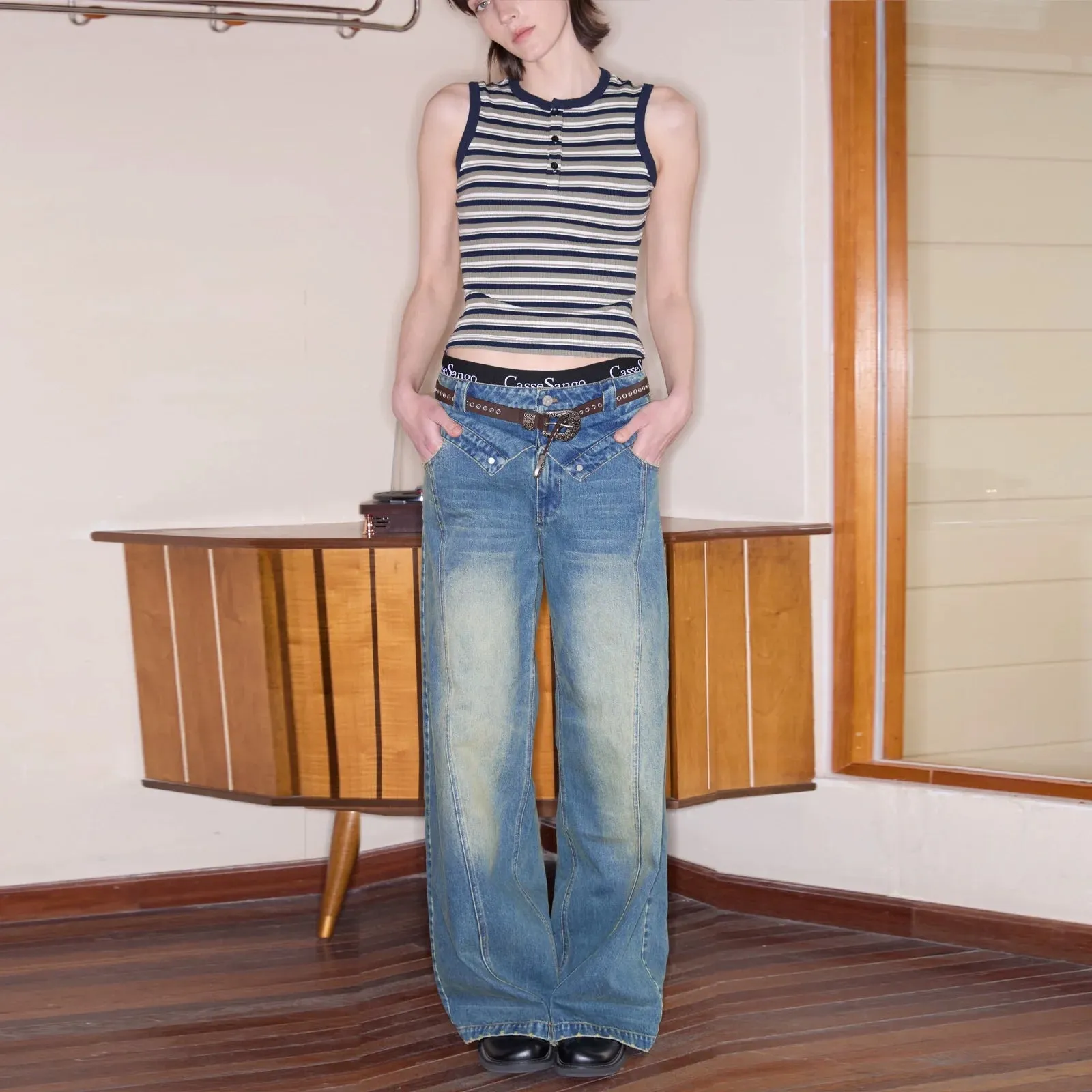 Double Waist Patchwork Jeans