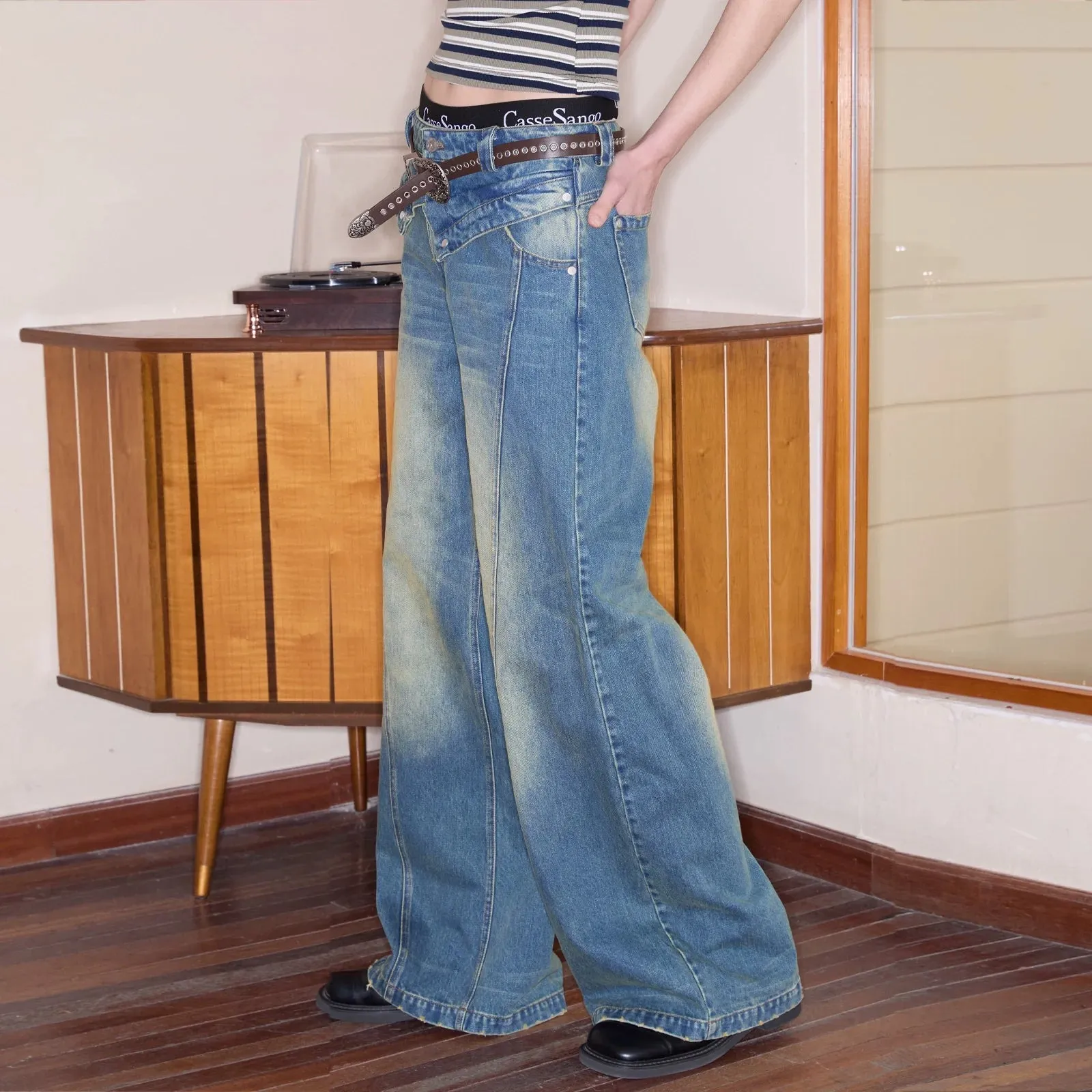 Double Waist Patchwork Jeans