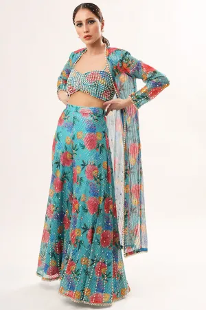 Embroidered Turquoise Sharara Set In Net & Satin