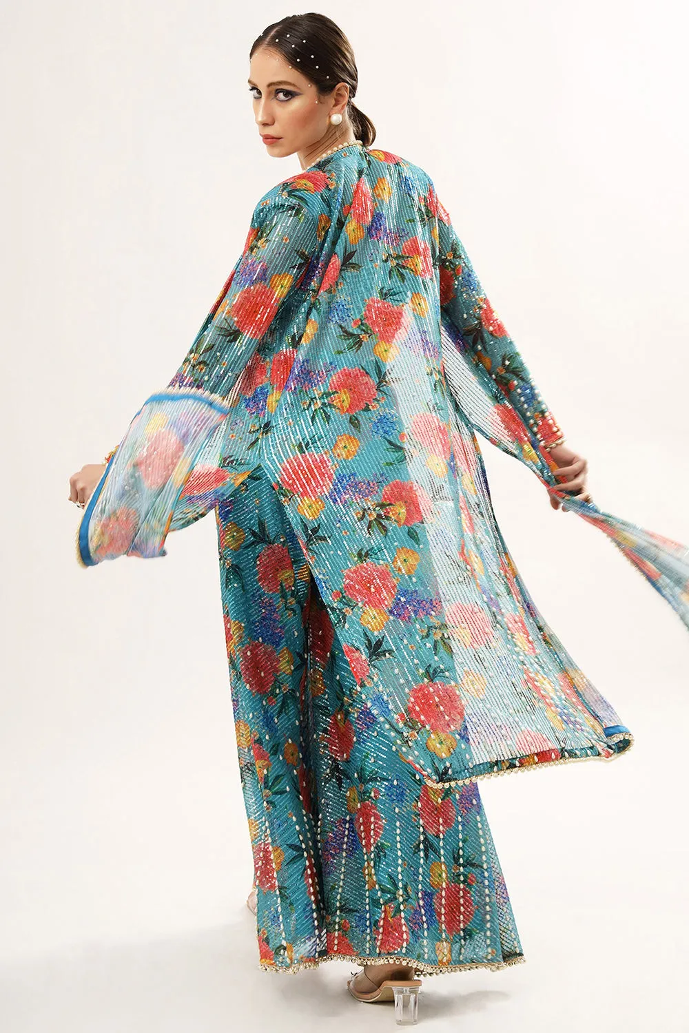 Embroidered Turquoise Sharara Set In Net & Satin