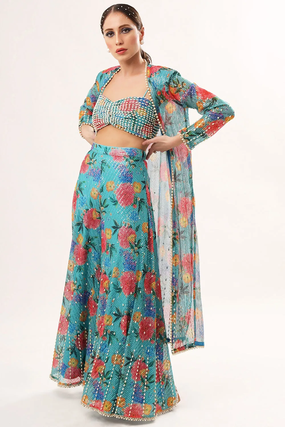 Embroidered Turquoise Sharara Set In Net & Satin