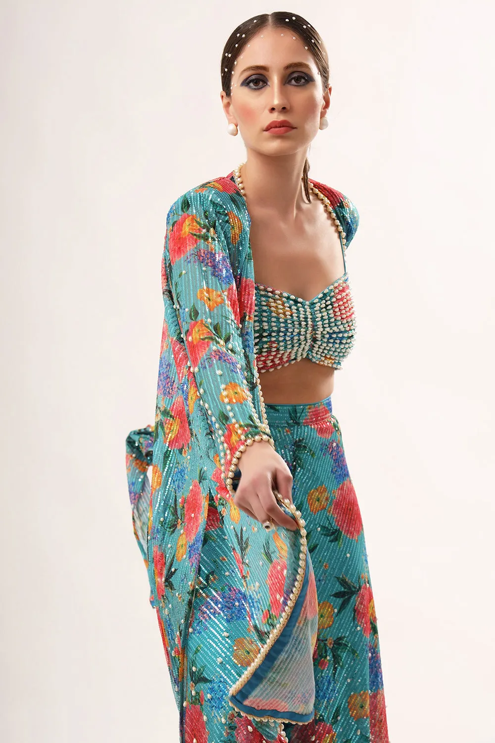 Embroidered Turquoise Sharara Set In Net & Satin