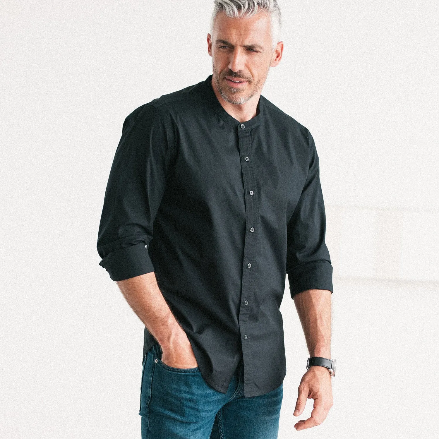 Essential Band Collar Button Down Shirt - Jet Black Cotton Stretch Poplin