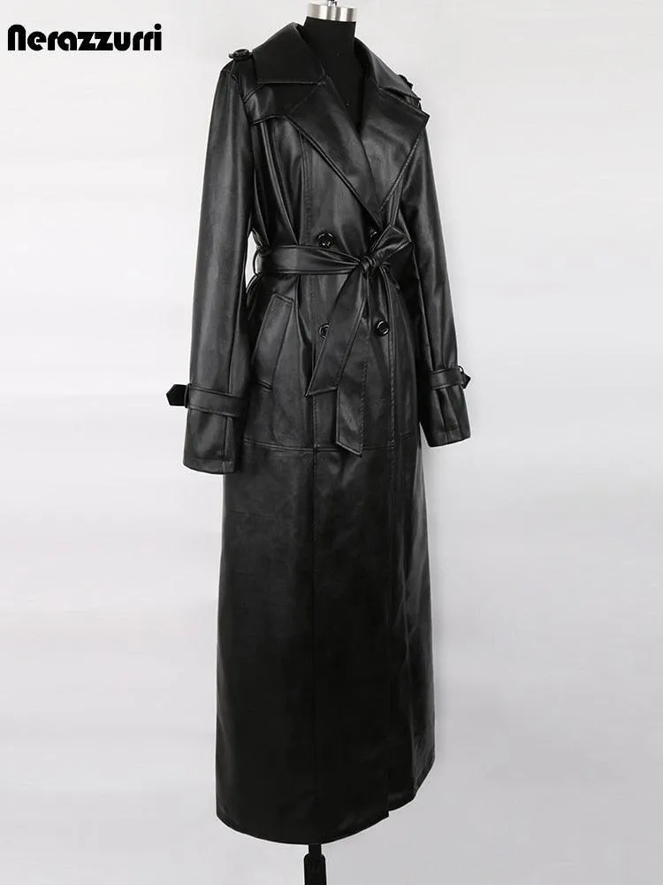 Extra Long Black PU Leather Trench Coat Waterproof