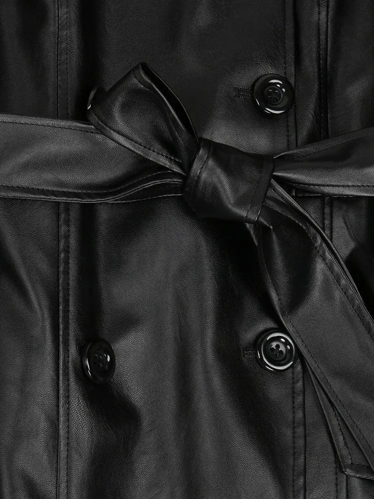 Extra Long Black PU Leather Trench Coat Waterproof