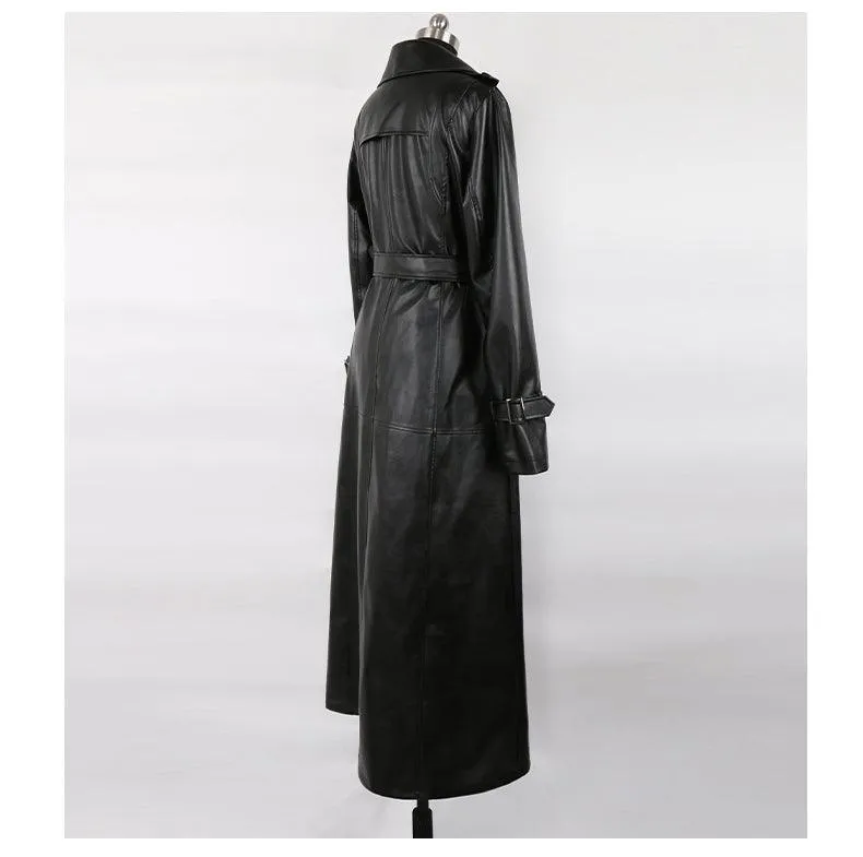 Extra Long Black PU Leather Trench Coat Waterproof