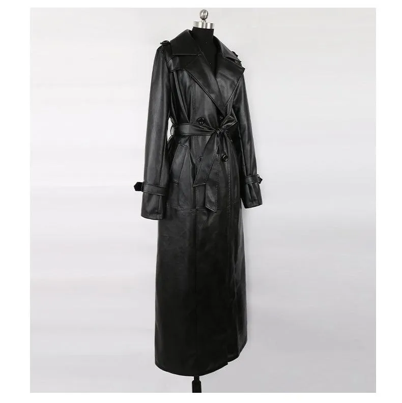 Extra Long Black PU Leather Trench Coat Waterproof